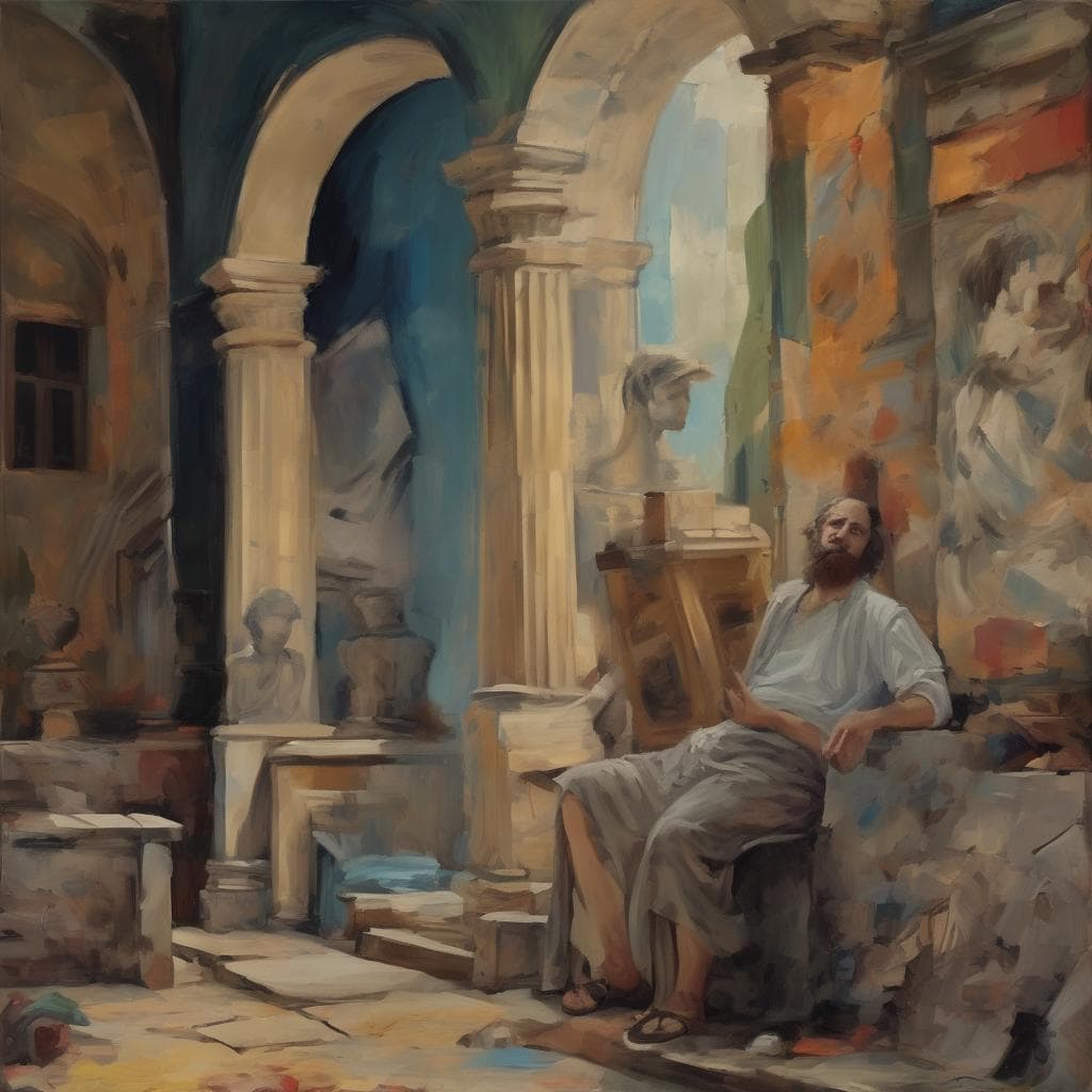 Αστική τέχνη και δρόμος, καλλιτέχνης σε εργαστήριο με αρχαία επιτύμβια γλυπτά και αρχιτεκτονικά στοιχεία.